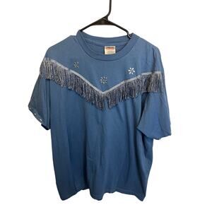 Vintage Light Blue Western Fringe T-Shirt Rhinestone Women’s XL Cowboy Rodeo